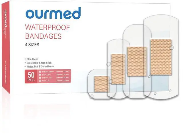Main image of Waterproof Bandages, Clear Adhesive Bandages for First-Aid, Wound Care, Fingers, Knees and Heels, Stays on Skin in The Bath, Shower or Pool, Assorted Sizes, 50 Count