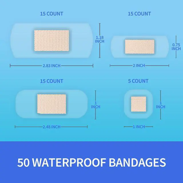 Alt view image 2 of 7 - Waterproof Bandages, Clear Adhesive Bandages for First-Aid, Wound Care, Fingers, Knees and Heels, Stays on Skin in The Bath, Shower or Pool, Assorted Sizes, 50 Count