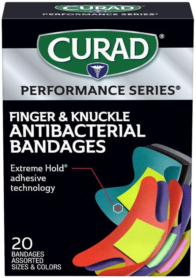 Main image of Performance Series Fingertip and Knuckle Antibacterial Bandages, Extreme Hold Adhesive Technology, Fabric Bandages, 20 Count