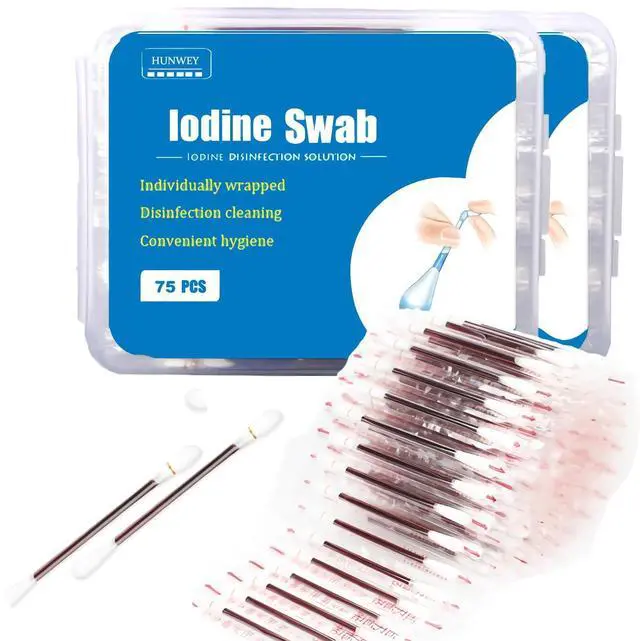 Main image of 150 Individually Wrapped - lodine Cotton Swabs Solution Filled First Aid Swabsticks Wound Care, Piercing, Cleaning, Travel & Home Use