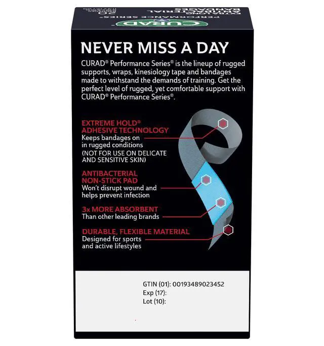 Alt view image 2 of 7 - Performance Series Antibacterial Bandages, Extreme Hold Adhesive Technology, Extra Long Flexible Fabric Bandages for Cuts, Scrapes, & Burns, Assorted Colors, 0.75 x 4.75 inches, 20 Count