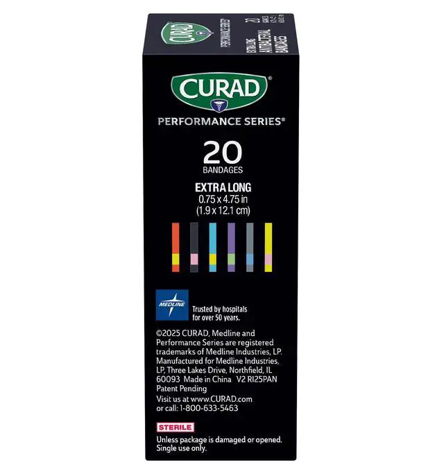 Alt view image 4 of 7 - Performance Series Antibacterial Bandages, Extreme Hold Adhesive Technology, Extra Long Flexible Fabric Bandages for Cuts, Scrapes, & Burns, Assorted Colors, 0.75 x 4.75 inches, 20 Count