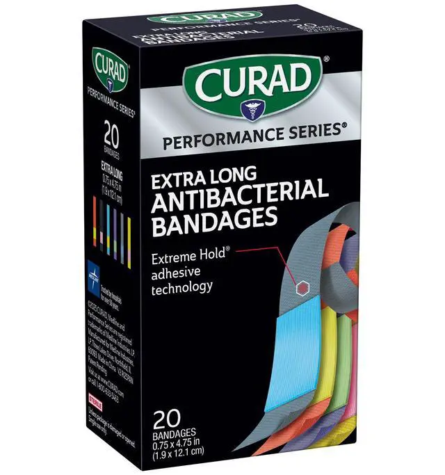 Alt view image 5 of 7 - Performance Series Antibacterial Bandages, Extreme Hold Adhesive Technology, Extra Long Flexible Fabric Bandages for Cuts, Scrapes, & Burns, Assorted Colors, 0.75 x 4.75 inches, 20 Count