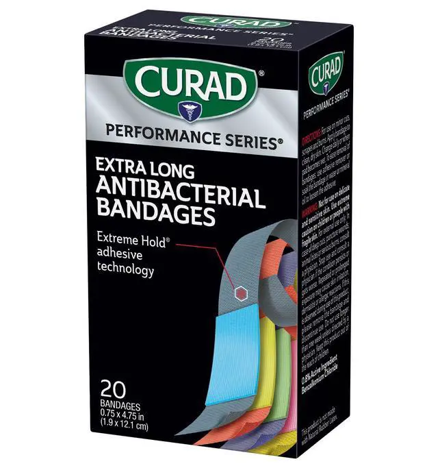Alt view image 6 of 7 - Performance Series Antibacterial Bandages, Extreme Hold Adhesive Technology, Extra Long Flexible Fabric Bandages for Cuts, Scrapes, & Burns, Assorted Colors, 0.75 x 4.75 inches, 20 Count