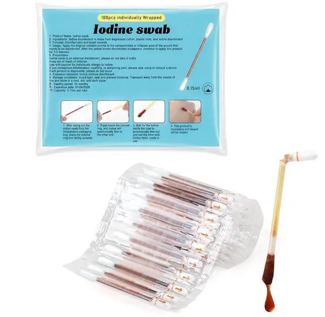 Main image of Disposable Iodine Swab,Medical Iodine Individually Wrapped,Iodine Swabsticks Iodine Cotton Swabs for Outdoor Medical Supplies,Wound Care and First Aid (Pack of 100)