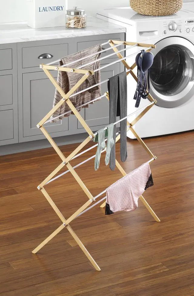Alt view image 2 of 3 - Foldable Clothes Drying Rack: 3 Tier Laundry Drying Rack, Collapsible Drying Rack Clothing, Portable Space Saving Clothing Rack for Indoor Outdoor, 17.0 L x 29.5 W x 43.5 H, Wood