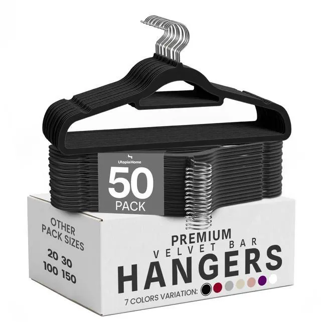 Main image of Premium Velvet Hangers 50 Pack - Non-Slip Clothes Hanger with Tie Bar - Black Hangers with 360 Degree Rotatable Hook - Heavy Duty Coat Hanger