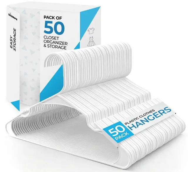 Main image of Beddora Plastic Hangers 50 Pack, White Clothes Hangers for Closet Organization and Storage Space-Saving Design, Kids & Adult Coat Hanger for Suits, Shirt & Percheros Ganchos para Colgar Ropa Hangars