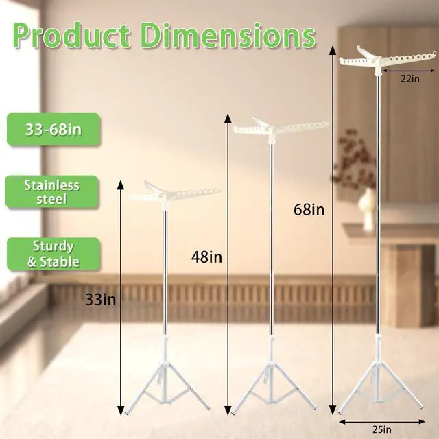 Alt view image 2 of 7 - Clothes Drying Rack, Drying Rack 33-68 inches Stable and Heavy-Duty Tripod Base Thickened Stainless Steel Saving Space 27 Pieces of Clothing