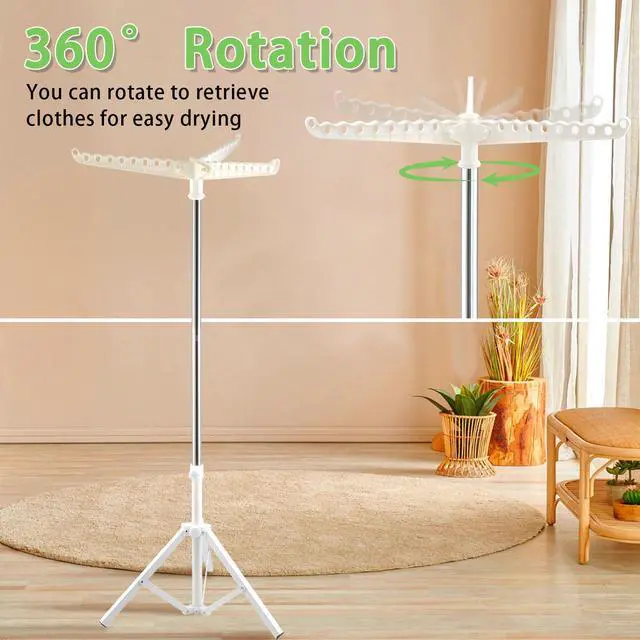 Alt view image 3 of 7 - Clothes Drying Rack, Drying Rack 33-68 inches Stable and Heavy-Duty Tripod Base Thickened Stainless Steel Saving Space 27 Pieces of Clothing