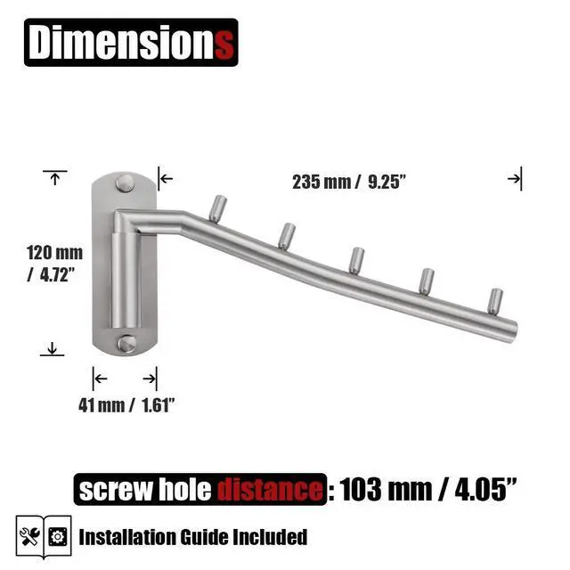 Alt view image 2 of 7 - Folding Clothes Hanger Rack, Stainless Steel Swing Arm Hook Holder, Clothing Hanging System Drying Closet Storage Organizer Brushed Finished Wall Mount, SHR100-BN