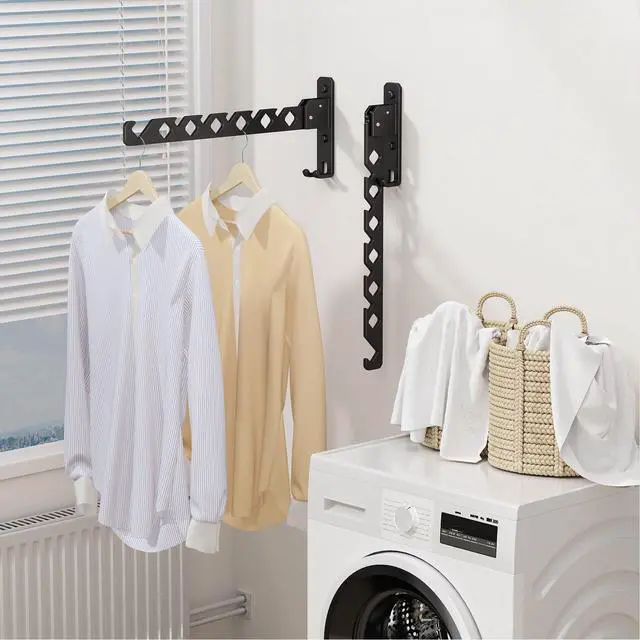 Alt view image 3 of 7 - Wall Mounted Clothes Drying Rack, Wall Clothes Hanger Hook for Laundry Room Hanger Foldable, Wall Clothes Rack Indoor, Perfect for Small Spaces, Matte Black 2 Packs