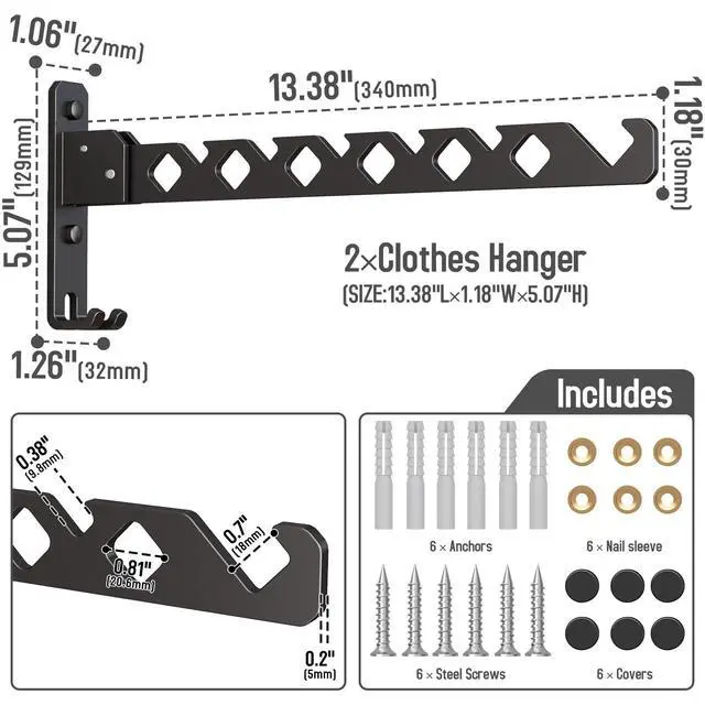 Alt view image 6 of 7 - Wall Mounted Clothes Drying Rack, Wall Clothes Hanger Hook for Laundry Room Hanger Foldable, Wall Clothes Rack Indoor, Perfect for Small Spaces, Matte Black 2 Packs