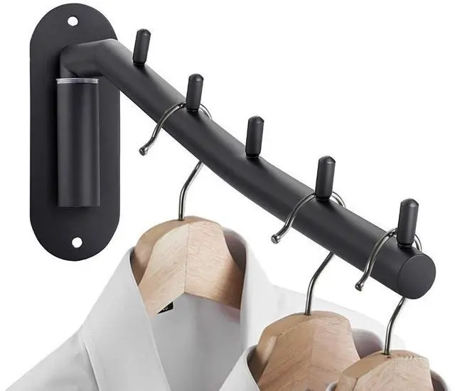Main image of Stainless Steel Clothes Hanger Rack-Wall Mount Garment Hook with Swing Arm, Sturdy Coat Robe Storage Organizer for Laundry Room Bedrooms Clothing Drying Rack with 5 Hooks, Black