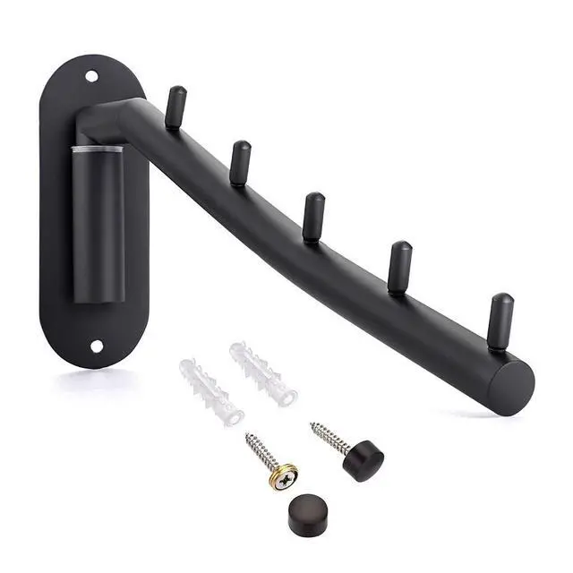 Alt view image 5 of 7 - Stainless Steel Clothes Hanger Rack-Wall Mount Garment Hook with Swing Arm, Sturdy Coat Robe Storage Organizer for Laundry Room Bedrooms Clothing Drying Rack with 5 Hooks, Black