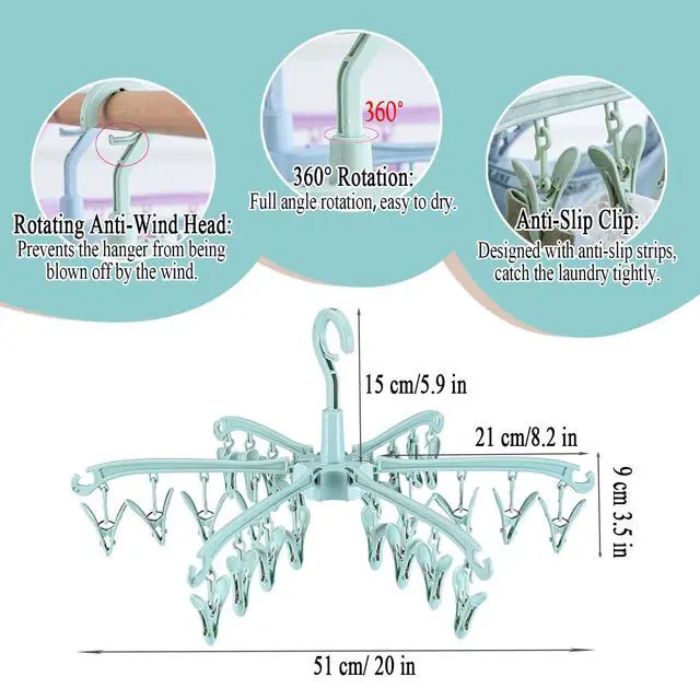 Alt view image 2 of 7 - Foldable Drying Rack with 24 Clips for Drying Socks Lingerie Baby Clothes Drying Towels Rotatable Sock Drying Rack
