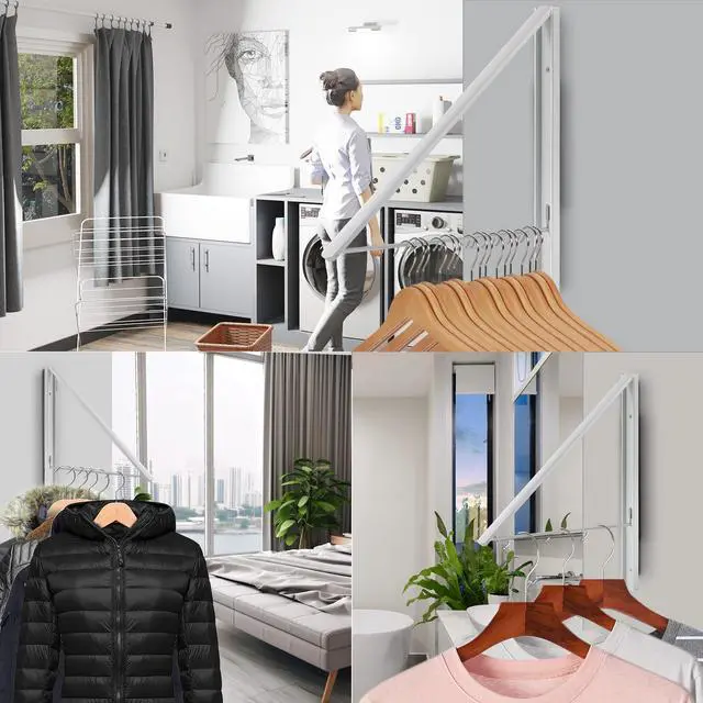 Alt view image 2 of 7 - Retractable Clothes Drying Rack Wall Mounted, Foldable Space-Saving Hanger for Laundry Room/Bathroom/RV - Stainless Steel/Aluminum (White)