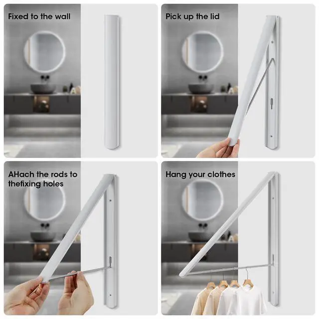 Alt view image 3 of 7 - Retractable Clothes Drying Rack Wall Mounted, Foldable Space-Saving Hanger for Laundry Room/Bathroom/RV - Stainless Steel/Aluminum (White)
