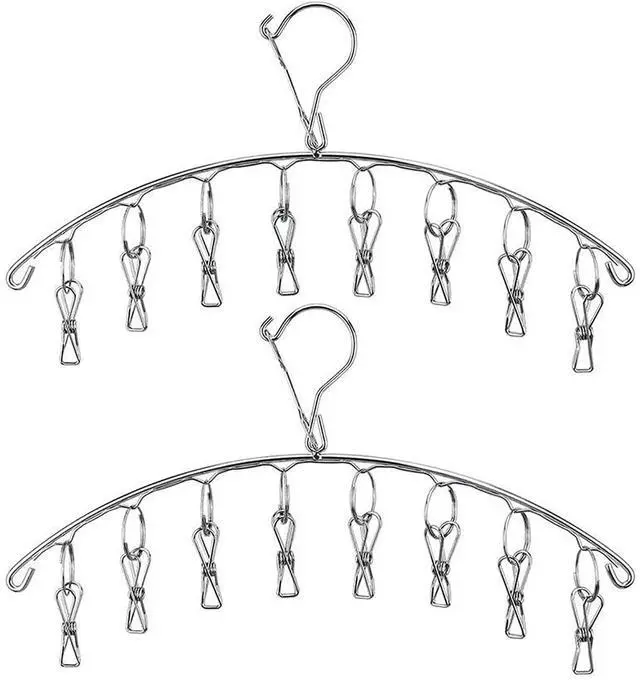 Main image of Stainless Steel Laundry Drying Rack Clothes Hanger with Windproof Hook,Underwear Hanger,Clothes Hangers with 8 Clips for Drying Socks,Diapers,Baby Clothes(2 Pack)
