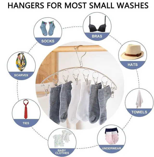 Alt view image 4 of 6 - Stainless Steel Laundry Drying Rack Clothes Hanger with Windproof Hook,Underwear Hanger,Clothes Hangers with 8 Clips for Drying Socks,Diapers,Baby Clothes(2 Pack)