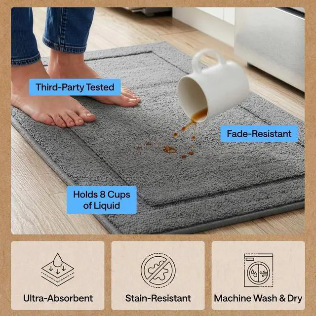 Alt view image 5 of 7 - Heavy Duty Washable Kitchen Rug with Rubber Backing, Ultra Absorbent Stain Resistant Under Sink Mat, Thick and Soft on Feet, Home Decor Entryway Carpet Rugs for Floor, 30x20, Gray
