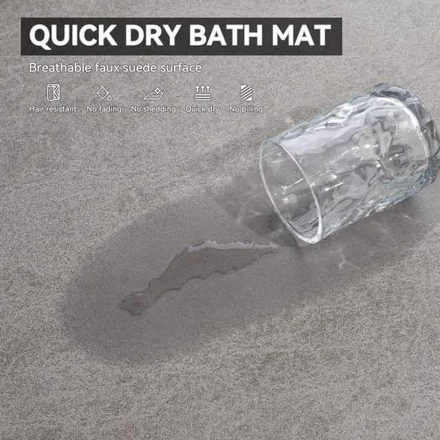 Alt view image 3 of 7 - -Bath Mat-Rubber Backing Non SlipThin Bathroom Rugs Fit Under Door- Quick Dry Absorbent Faux Suede Surface Grey Bathroom Floor Mats-Shower Rug for in Front of Bathtub Shower Gray 16x24