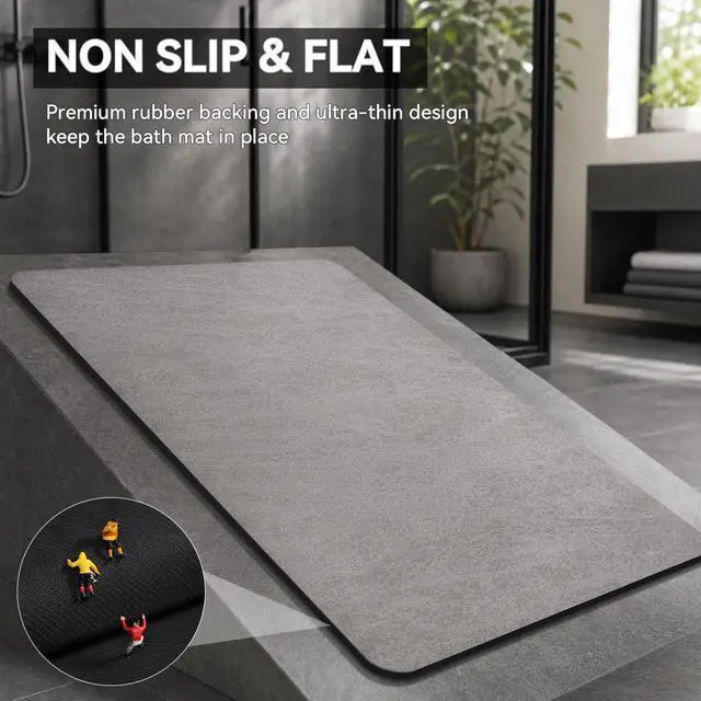 Alt view image 4 of 7 - -Bath Mat-Rubber Backing Non SlipThin Bathroom Rugs Fit Under Door- Quick Dry Absorbent Faux Suede Surface Grey Bathroom Floor Mats-Shower Rug for in Front of Bathtub Shower Gray 16x24