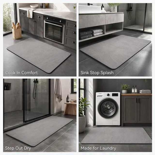 Alt view image 6 of 7 - -Bath Mat-Rubber Backing Non SlipThin Bathroom Rugs Fit Under Door- Quick Dry Absorbent Faux Suede Surface Grey Bathroom Floor Mats-Shower Rug for in Front of Bathtub Shower Gray 16x24