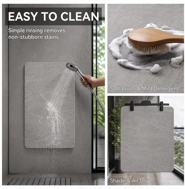 Alt view image 5 of 7 - -Bath Mat-Rubber Backing Non SlipThin Bathroom Rugs Fit Under Door- Quick Dry Absorbent Faux Suede Surface Grey Bathroom Floor Mats-Shower Rug for in Front of Bathtub Shower Gray 16x24