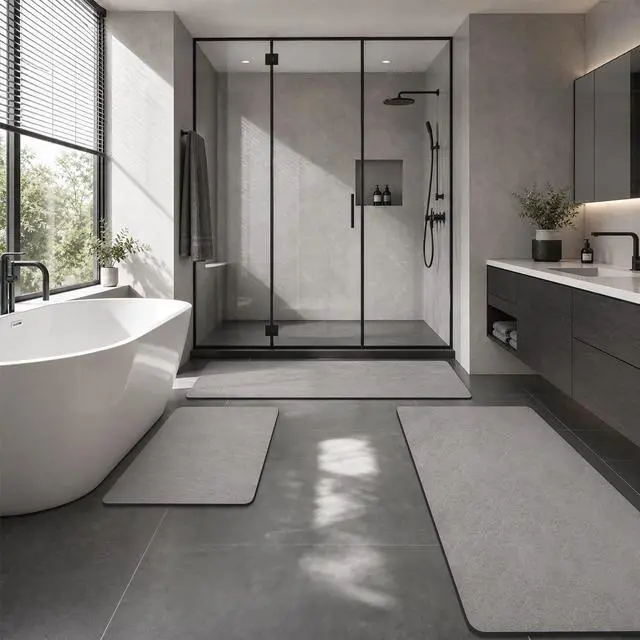 Alt view image 7 of 7 - -Bath Mat-Rubber Backing Non SlipThin Bathroom Rugs Fit Under Door- Quick Dry Absorbent Faux Suede Surface Grey Bathroom Floor Mats-Shower Rug for in Front of Bathtub Shower Gray 16x24