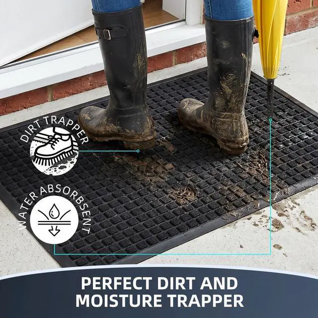 Alt view image 2 of 7 - Front Door Mat Outside Entrance, Heavy Duty Waterproof Doormat for Indoor/Outdoor, Dirt Trapper with Non-Slip Rubber Backing, Low Profile Easy Clean, Stain & Fade Resistant 29.5"x17", Black