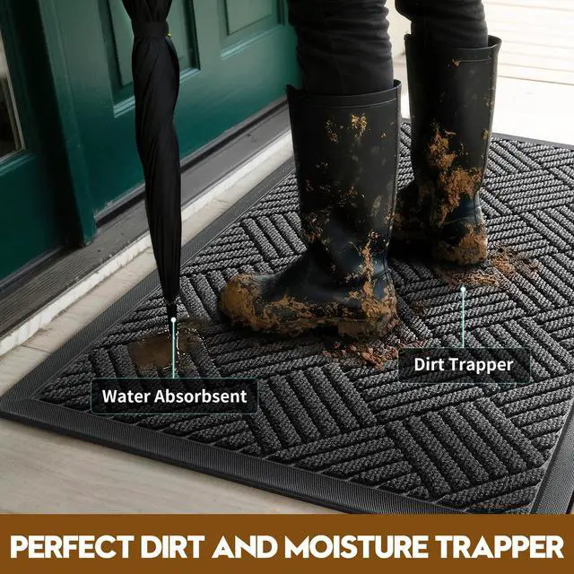 Alt view image 2 of 7 - Front Door Mat, Heavy Duty Waterproof Rubber Doormat for Indoor Outdoor, Non-Slip Low Profile Dirt Trapper Absorbent Mat for Entryway, Stain Fade Resistant Easy Clean 29.5"x17", Grey