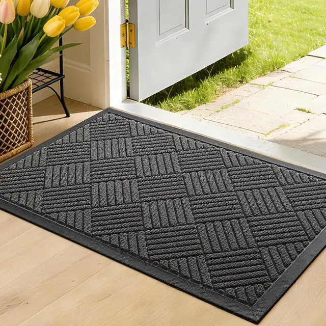 Main image of Front Door Mat, Heavy Duty Waterproof Rubber Doormat for Indoor Outdoor, Non-Slip Low Profile Dirt Trapper Absorbent Mat for Entryway, Stain Fade Resistant Easy Clean 29.5"x17", Grey