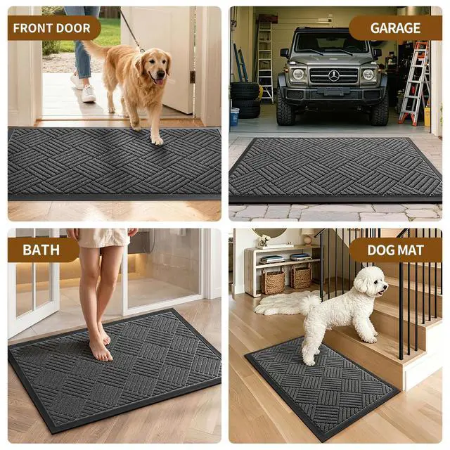 Alt view image 7 of 7 - Front Door Mat, Heavy Duty Waterproof Rubber Doormat for Indoor Outdoor, Non-Slip Low Profile Dirt Trapper Absorbent Mat for Entryway, Stain Fade Resistant Easy Clean 29.5"x17", Grey
