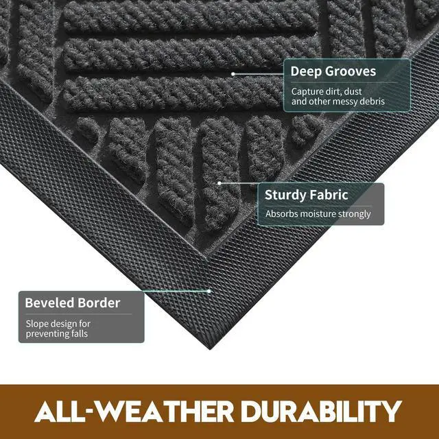 Alt view image 3 of 7 - Front Door Mat, Heavy Duty Waterproof Rubber Doormat for Indoor Outdoor, Non-Slip Low Profile Dirt Trapper Absorbent Mat for Entryway, Stain Fade Resistant Easy Clean 29.5"x17", Grey
