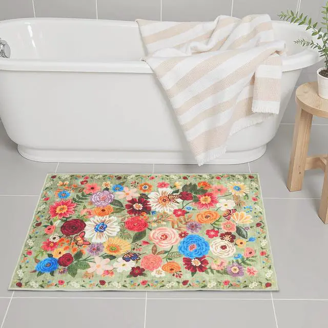 Alt view image 5 of 7 - Area rugs 24x17 Inch Home Decor Entry Rug Green, Small Door Mat Bath Mats for Bathroom, Ultra-Thin Non Slip Floral Low Pile Tub Mat for Sink Shower Doorway Tub Kitchen Sink(2 x 1.4 ft, Green Garden)