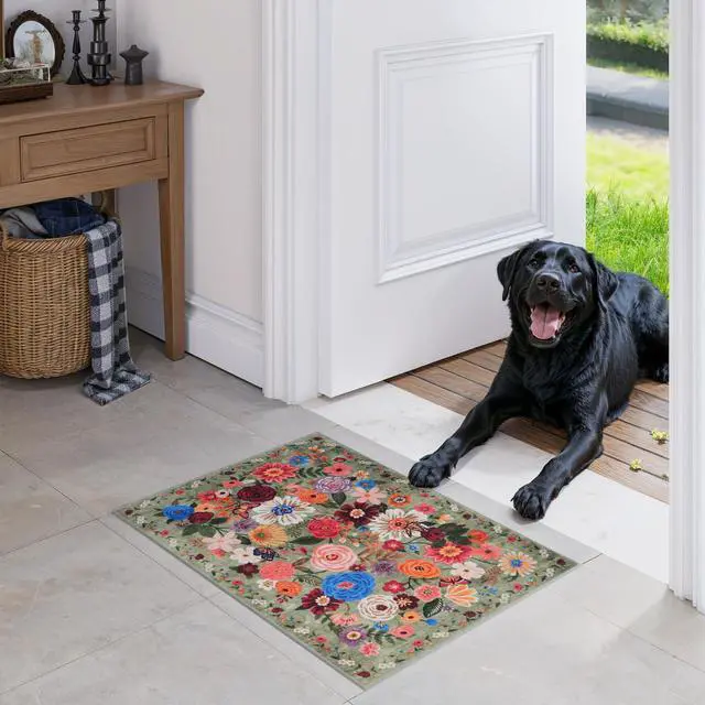 Alt view image 6 of 7 - Area rugs 24x17 Inch Home Decor Entry Rug Green, Small Door Mat Bath Mats for Bathroom, Ultra-Thin Non Slip Floral Low Pile Tub Mat for Sink Shower Doorway Tub Kitchen Sink(2 x 1.4 ft, Green Garden)