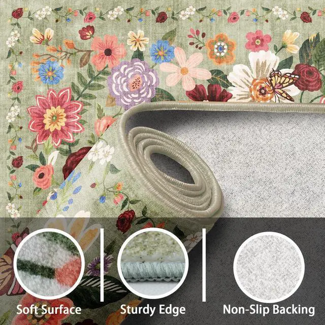 Alt view image 7 of 7 - Area rugs 24x17 Inch Home Decor Entry Rug Green, Small Door Mat Bath Mats for Bathroom, Ultra-Thin Non Slip Floral Low Pile Tub Mat for Sink Shower Doorway Tub Kitchen Sink(2 x 1.4 ft, Green Garden)