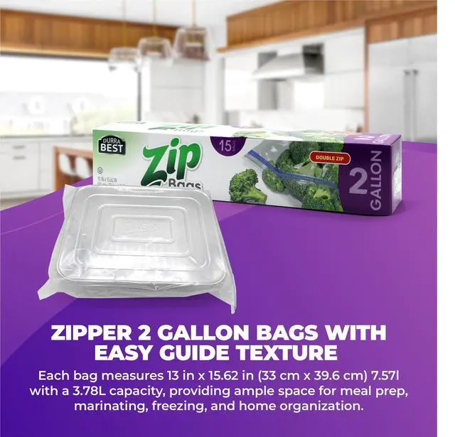 Alt view image 4 of 7 - 2 Gallon Storage Zip Bags - 15 Count | Extra Large, Leak-Proof, Freezer Safe & Resealable Food Storage Bags with Double Zip Lock | Heavy-Duty, BPA-Free, Multi-Purpose - DURRA BEST