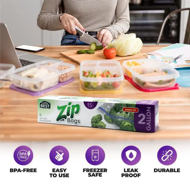 Alt view image 3 of 7 - 2 Gallon Storage Zip Bags - 15 Count | Extra Large, Leak-Proof, Freezer Safe & Resealable Food Storage Bags with Double Zip Lock | Heavy-Duty, BPA-Free, Multi-Purpose - DURRA BEST