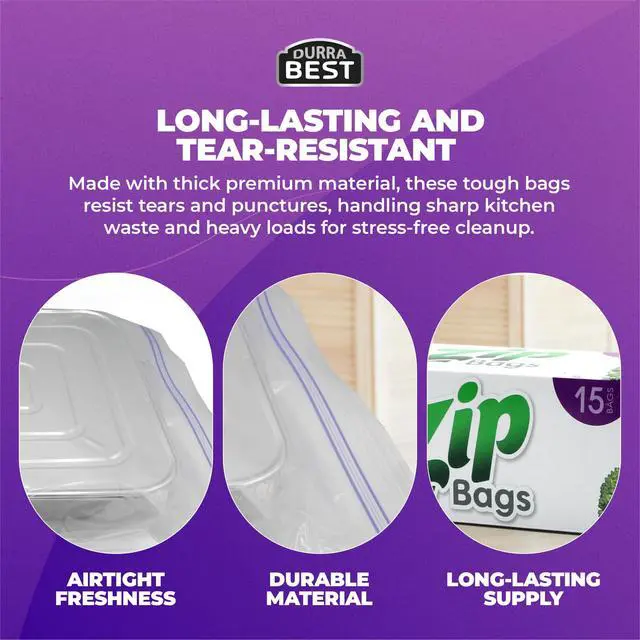 Alt view image 6 of 7 - 2 Gallon Storage Zip Bags - 15 Count | Extra Large, Leak-Proof, Freezer Safe & Resealable Food Storage Bags with Double Zip Lock | Heavy-Duty, BPA-Free, Multi-Purpose - DURRA BEST