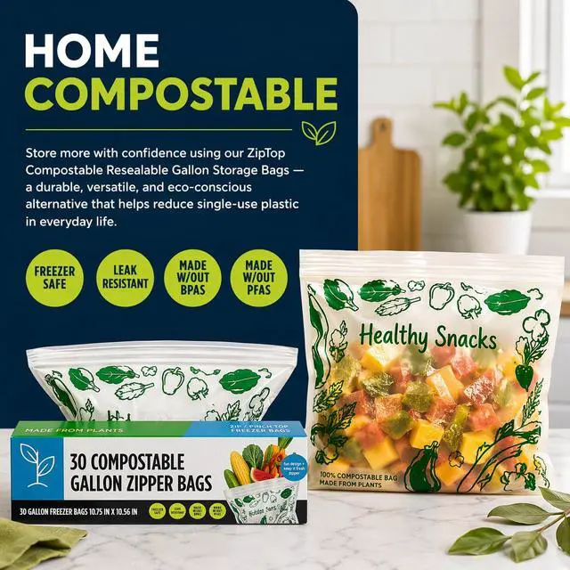 Alt view image 2 of 6 - Ziptop Home Compostable & Resealable Freezer-Safe Food Storage Bags, Gallon Size, 30 Bags - Eco-Friendly, Made Without PFAS and BPAS