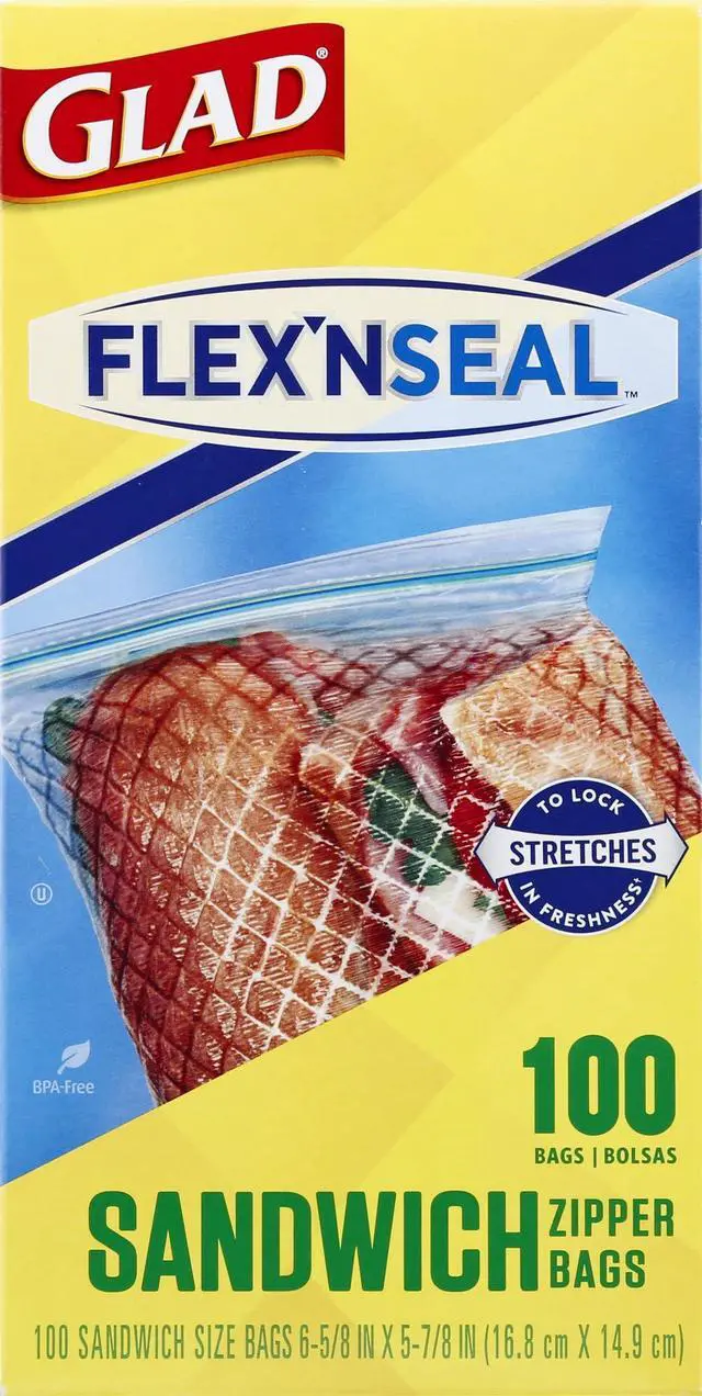 Main image of FLEXN' SEAL Zipper Food Storage Sandwich Bags, On-the-Go Snack and Lunch Bags, Zipper Sandwich Sealer, Microwave Safe, BPA Free, 100 Count (Pack of 1)