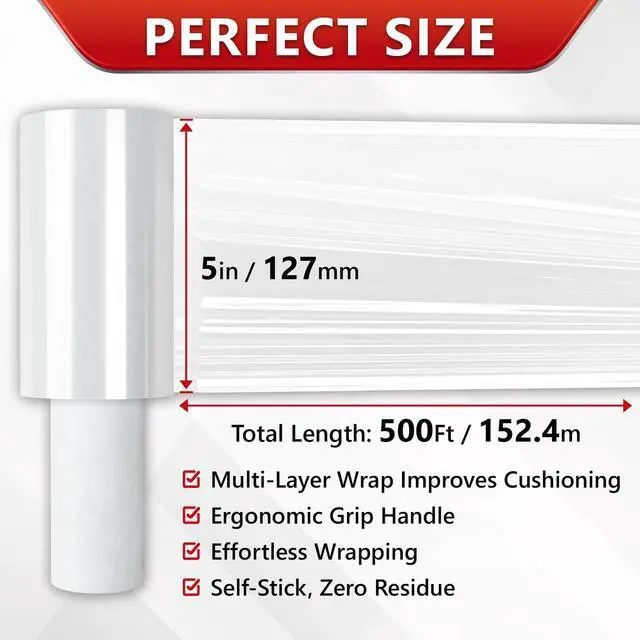 Alt view image 2 of 7 - 1 Pack 5 Inch X 492 Ft Stretch Wrap Film for Luggage, Industrial Large Wrap Roll with Handle, Self Adhesive Plastic Pallet Shrink Film for Packing Moving, Storage Supplies(Clear)