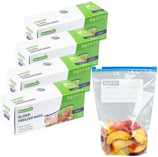 Main image of -Bag Tek 1 Quart Freezer Slider Bags, 25 Disposable Zipper Pouch Bags - Slide Zipper, Expandable Bottom, Clear Plastic Freezer Bag, With Write-On-Label, For Food Storage