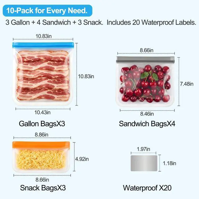 Alt view image 7 of 7 - 10 Pack Reusable Snack Bags Dishwasher Safe, DualSeal Reusable Sandwich Bag
