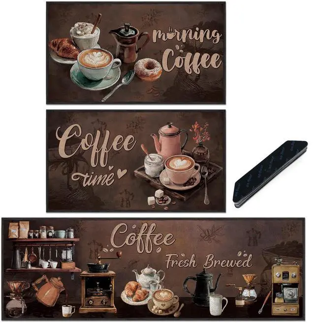 Main image of 3 Pcs Vintage Coffee Kitchen Rugs Set, Coffee Bar Runner Set with 12 Pcs Rug Corner Grippers, Rustic Brown Floor Mats for Home Decor (16"×28" & 16"×47")