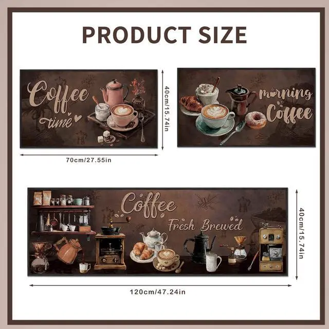 Alt view image 2 of 7 - 3 Pcs Vintage Coffee Kitchen Rugs Set, Coffee Bar Runner Set with 12 Pcs Rug Corner Grippers, Rustic Brown Floor Mats for Home Decor (16"×28" & 16"×47")