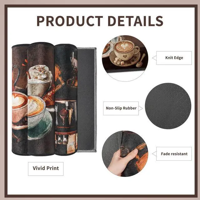 Alt view image 3 of 7 - 3 Pcs Vintage Coffee Kitchen Rugs Set, Coffee Bar Runner Set with 12 Pcs Rug Corner Grippers, Rustic Brown Floor Mats for Home Decor (16"×28" & 16"×47")