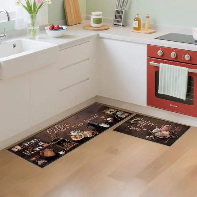 Alt view image 6 of 7 - 3 Pcs Vintage Coffee Kitchen Rugs Set, Coffee Bar Runner Set with 12 Pcs Rug Corner Grippers, Rustic Brown Floor Mats for Home Decor (16"×28" & 16"×47")